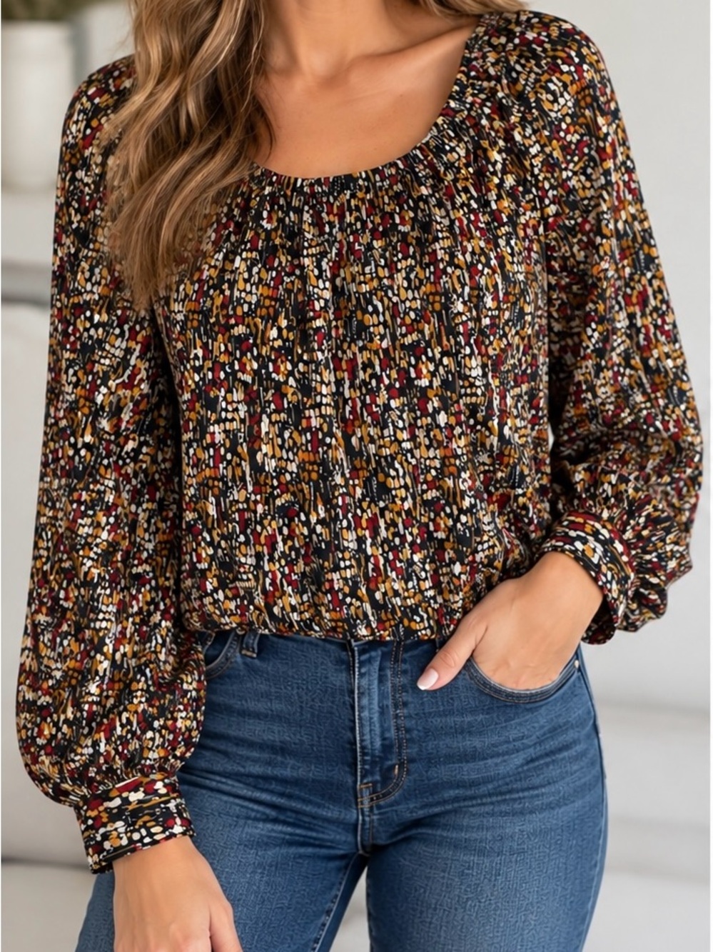 CeCe Black Multi-Color Printed Long Sleeve Blouse